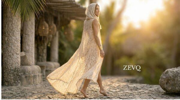 White lace hooded maxi vest, a boho festival duster with gold trim, worn at a festival.