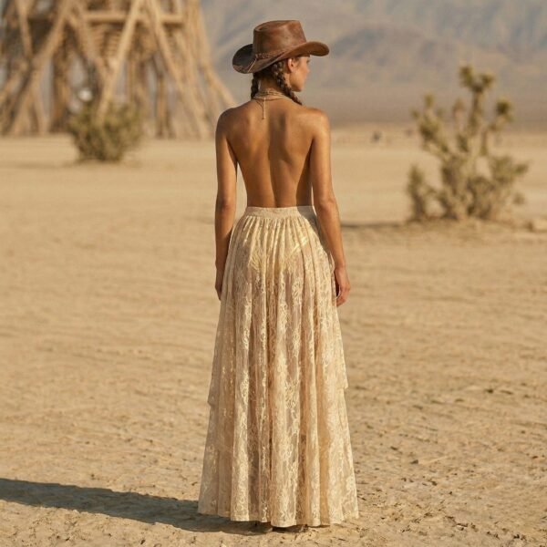 ZEVQ premium boho lace maxi skirt in ecru, featuring a front-open design for festival styling