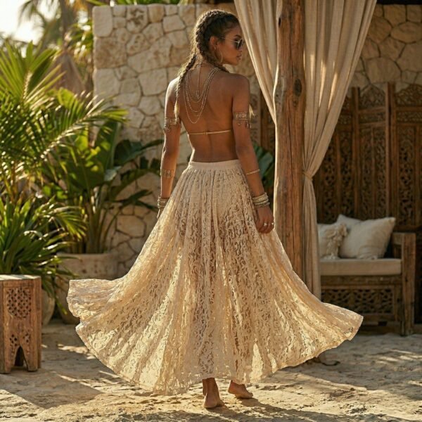 ZEVQ premium ecru lace maxi festival skirt with double front slits, worn at a festival.