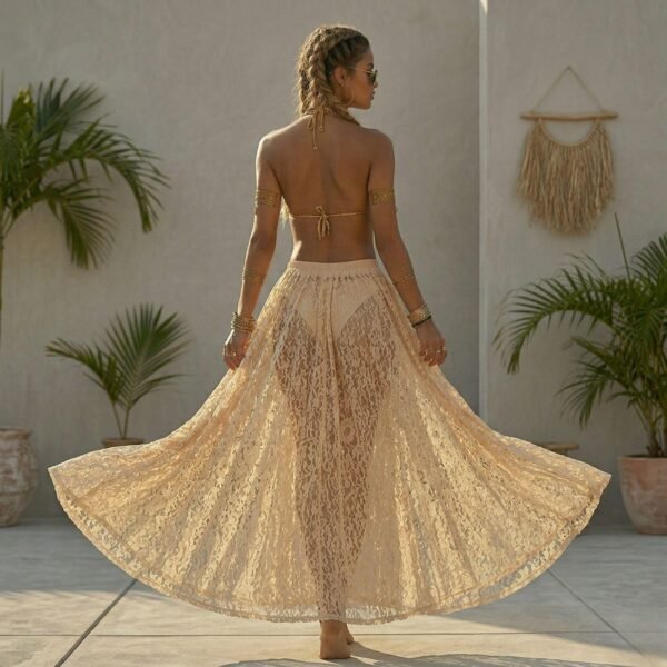 ZEVQ premium ecru lace maxi festival skirt with double front slits, worn at a festival.