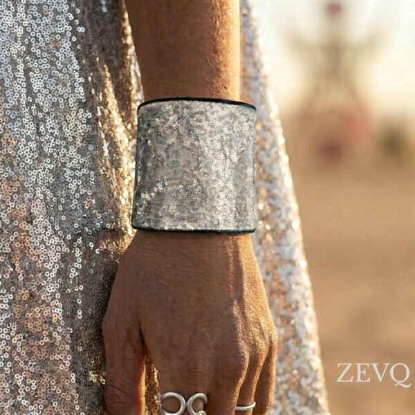 ZEVQ Silver Sequin Secret Pocket Wristband with hidden stash compartment for festivals