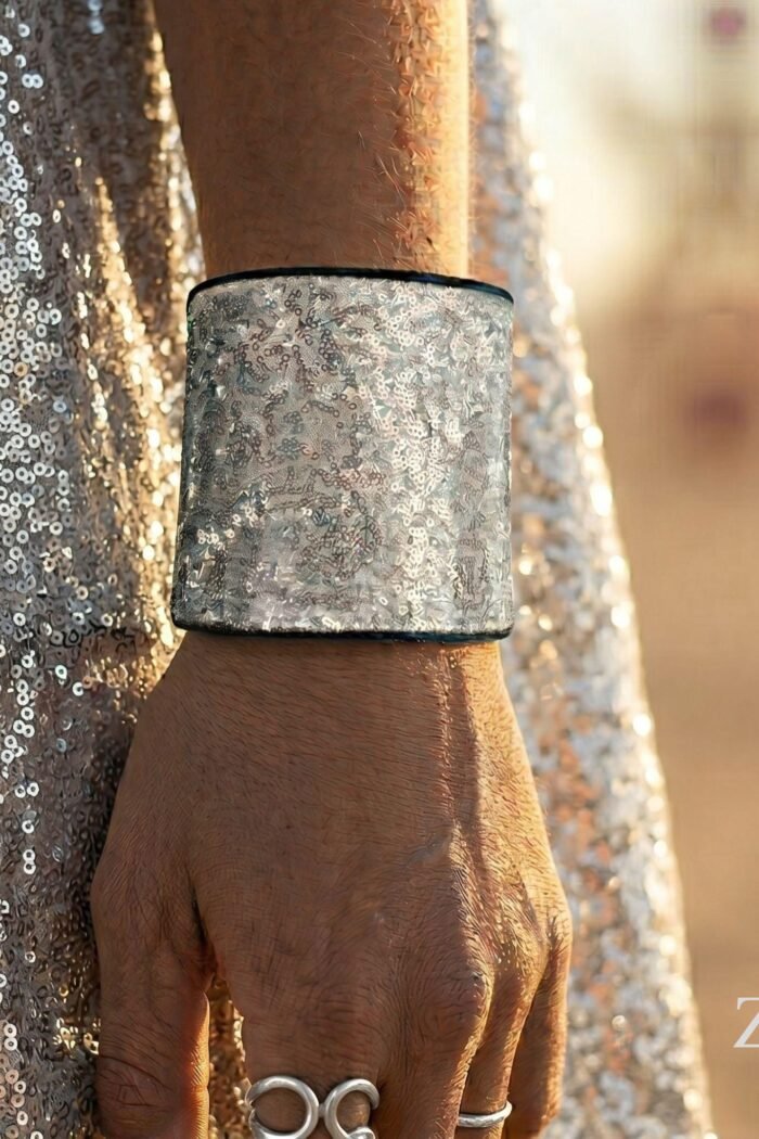 ZEVQ Silver Sequin Secret Pocket Wristband with hidden stash compartment for festivals