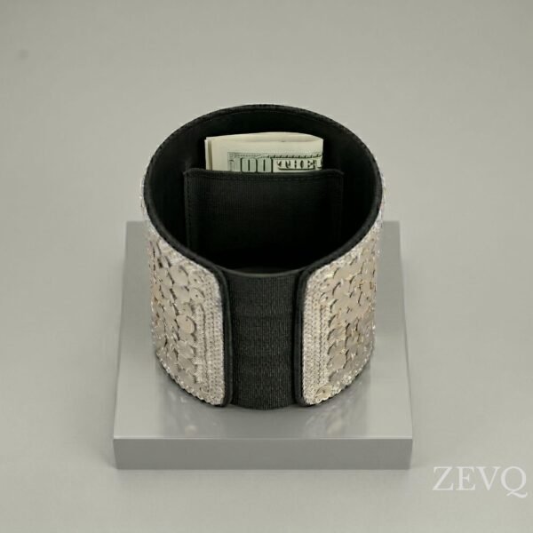 ZEVQ Silver Sequin Secret Pocket Wristband with hidden stash compartment for festivals