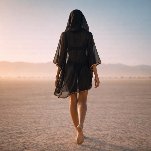 ZEVQ premium black sheer chiffon hooded kimono worn as a festival kaftan and beach cover up.
