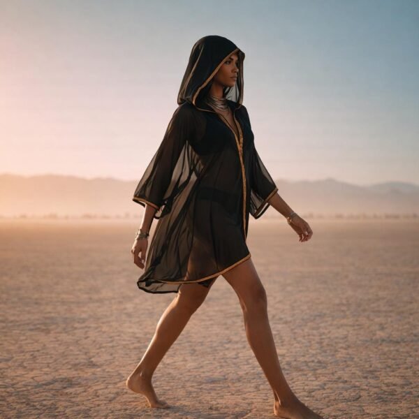 ZEVQ premium black sheer chiffon hooded kimono worn as a festival kaftan and beach cover up.